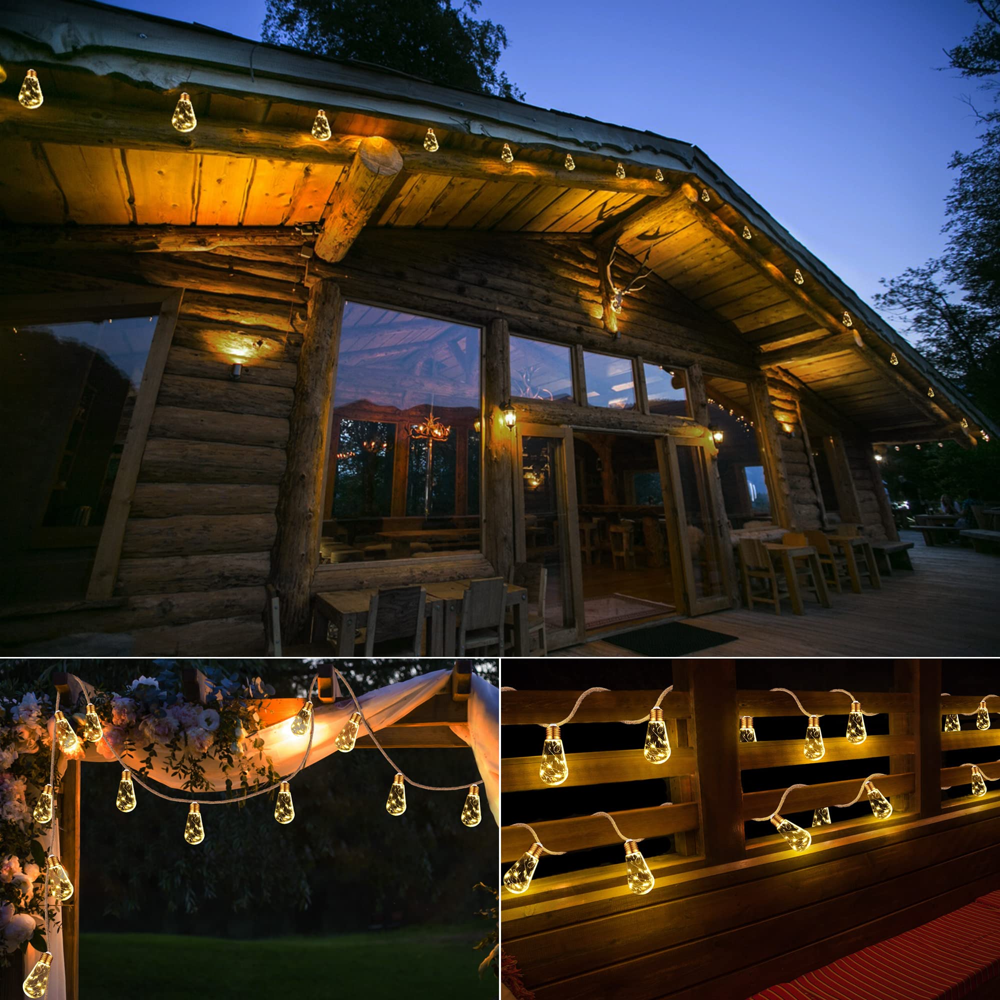 Geemoo Solar Fairy Lights Outdoor Garden - 8M 160 LED Solar String Lights Waterproof, Hemp Rope Solar Festoon Lights with 16 LED Shatterproof Bulbs for Patio, Party, Yard, Xmas Decoration (Warm White)